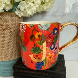 Anthropologie Like New Red Floral Mug with Gold Handle Letter J